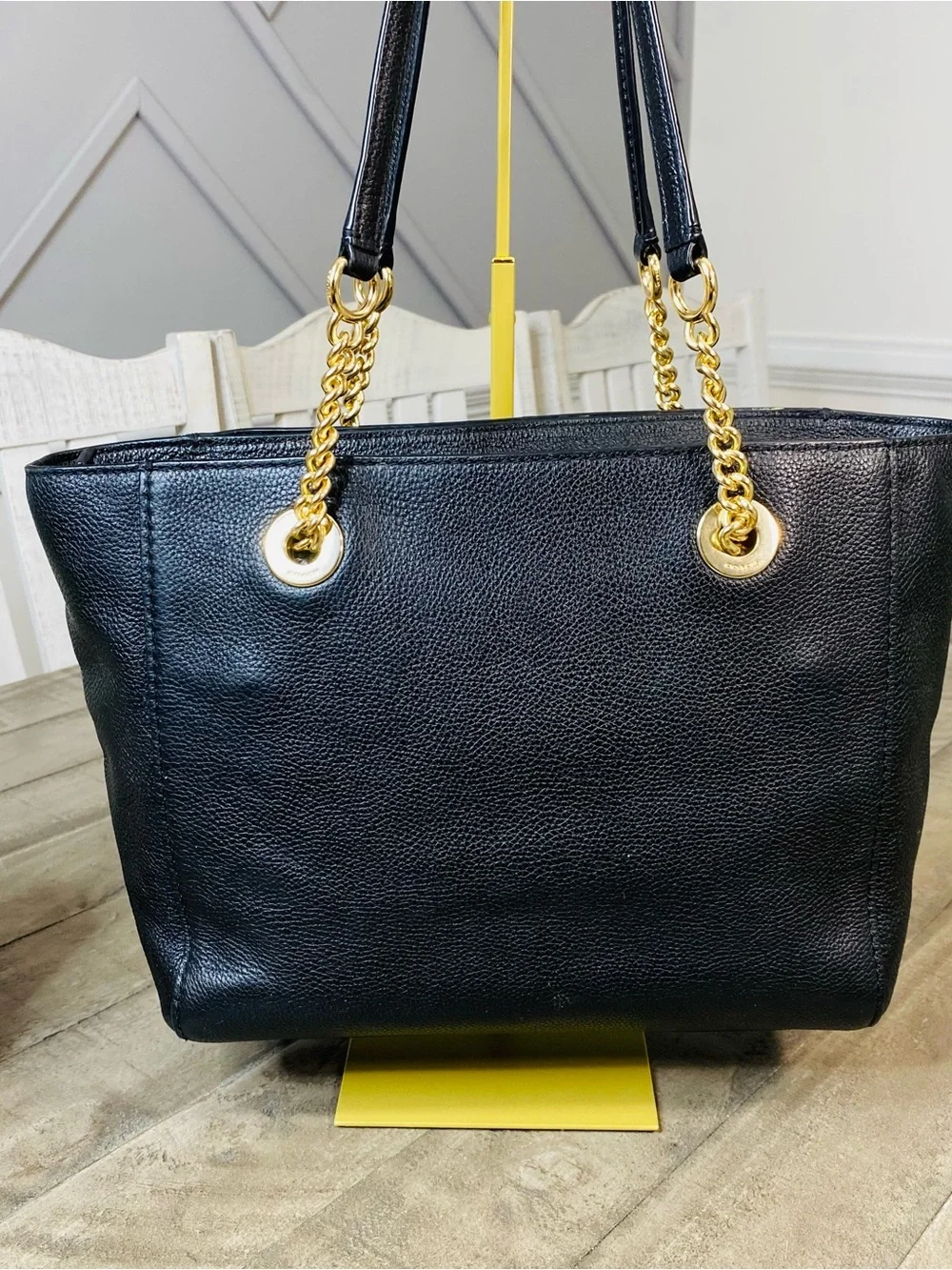 Coach Turnlock Chain Tote Black Polished Pebble Leather Shoulder Bag Purse Gold